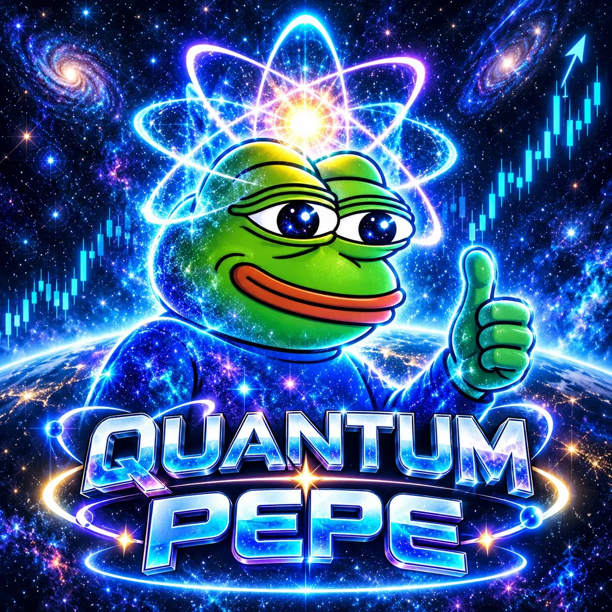 Quantum Pepe, a green frog in a blue suit, thumbs up under a glowing atomic halo, with Earth and climbing cyan candles behind him